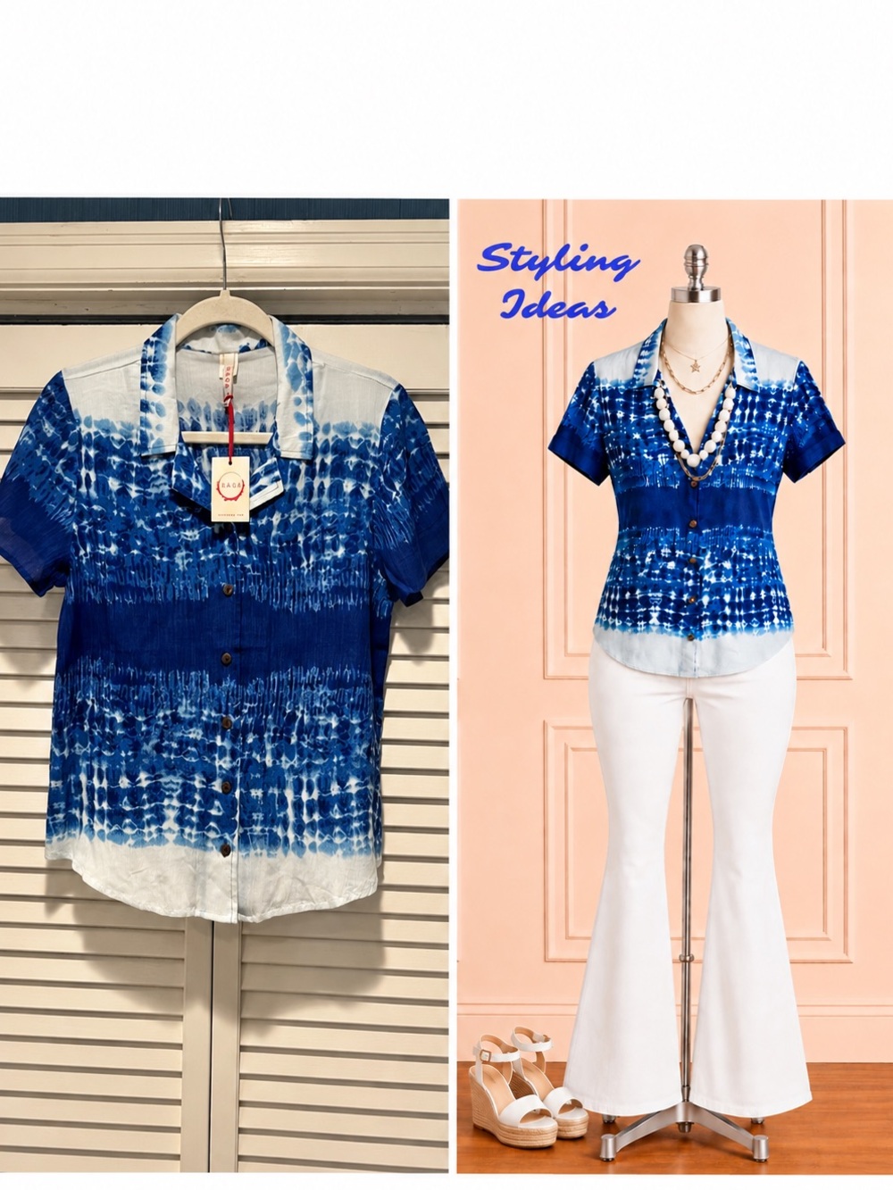 ANTHROPOLOGIE RAGA—S, Blue/White TieDye Button Down—See photos for styling ideas